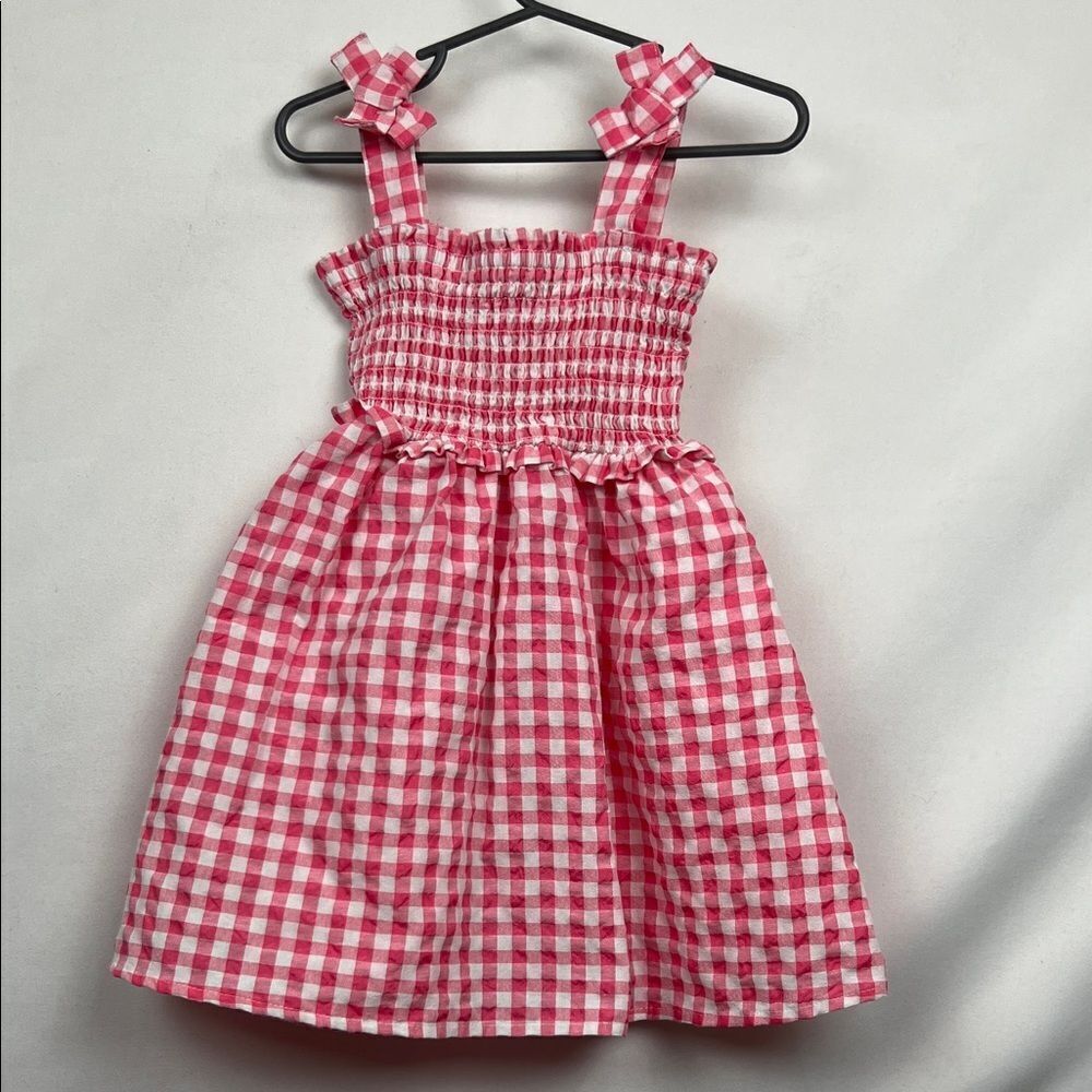 Counting Daisies pink and white smocked searsucker gingham sundress size 4T